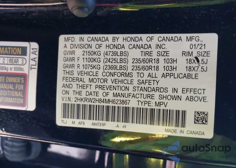 2021 Honda Cr-V Awd Ex-L z USA, uszkodzony, nr VIN 2HKRW2H84MH623867